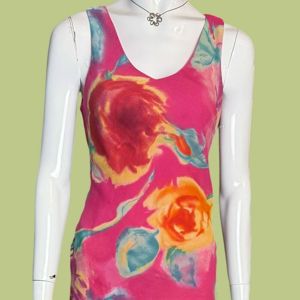 Vintage 90s Hot Pink Floral Rose Print Sleeveless Long Maxi Dress - Picture 3 of 7